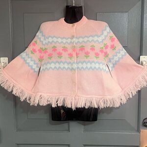 Vintage Blue Bird Girls Pink Heart Graphic Button Front Sweater Fringe BottomCap
